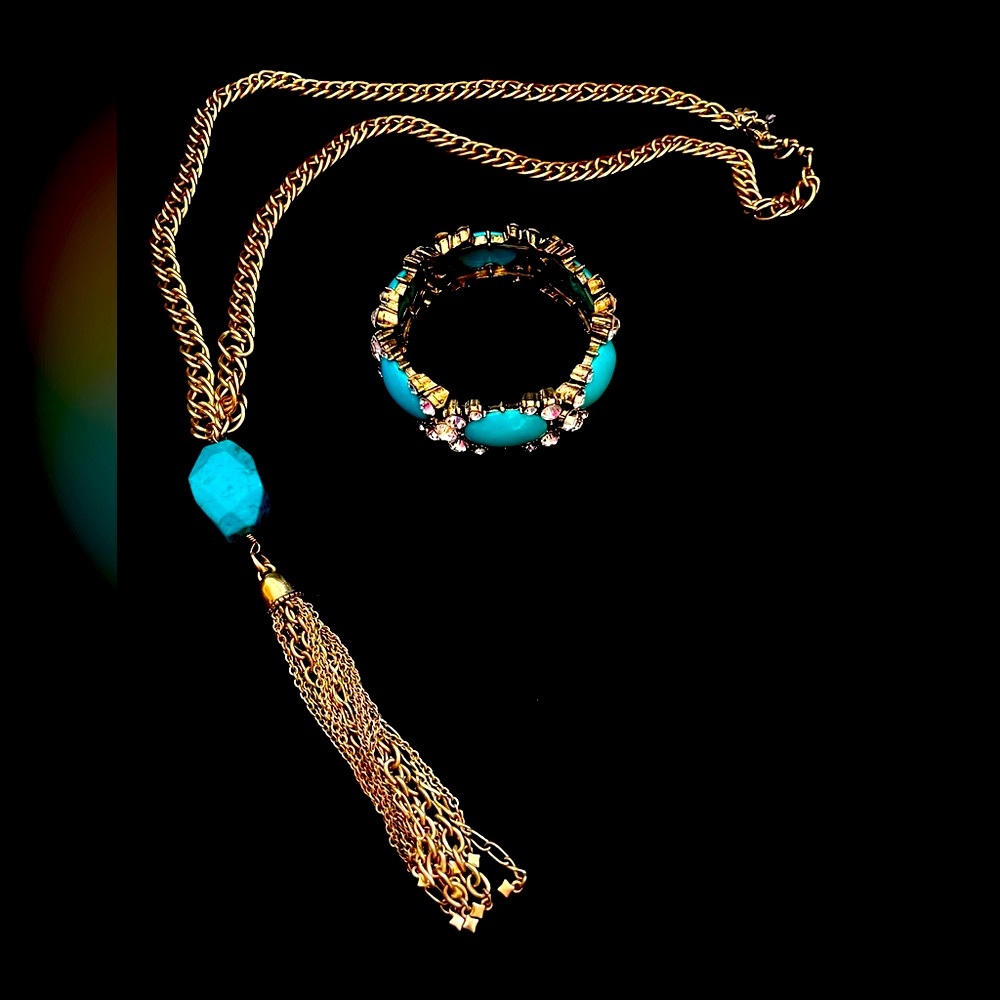 Two pieces of gold and turquoise jewelry, sold as one.